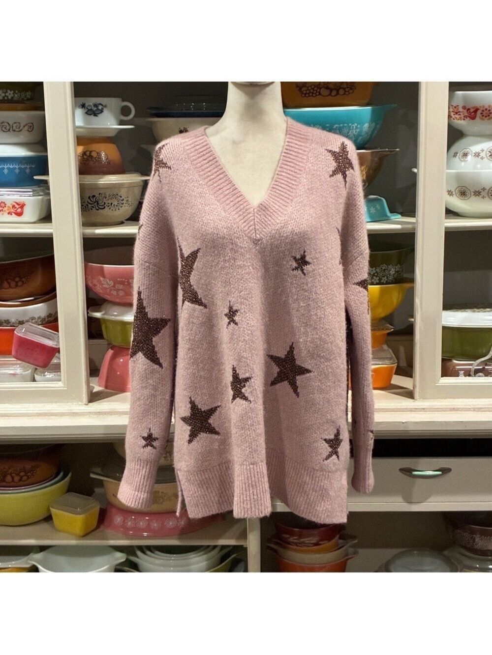All Saints Star V-Neck Oversized Sweater in Pashmina Pink - Size Medium - Picture 5 of 16